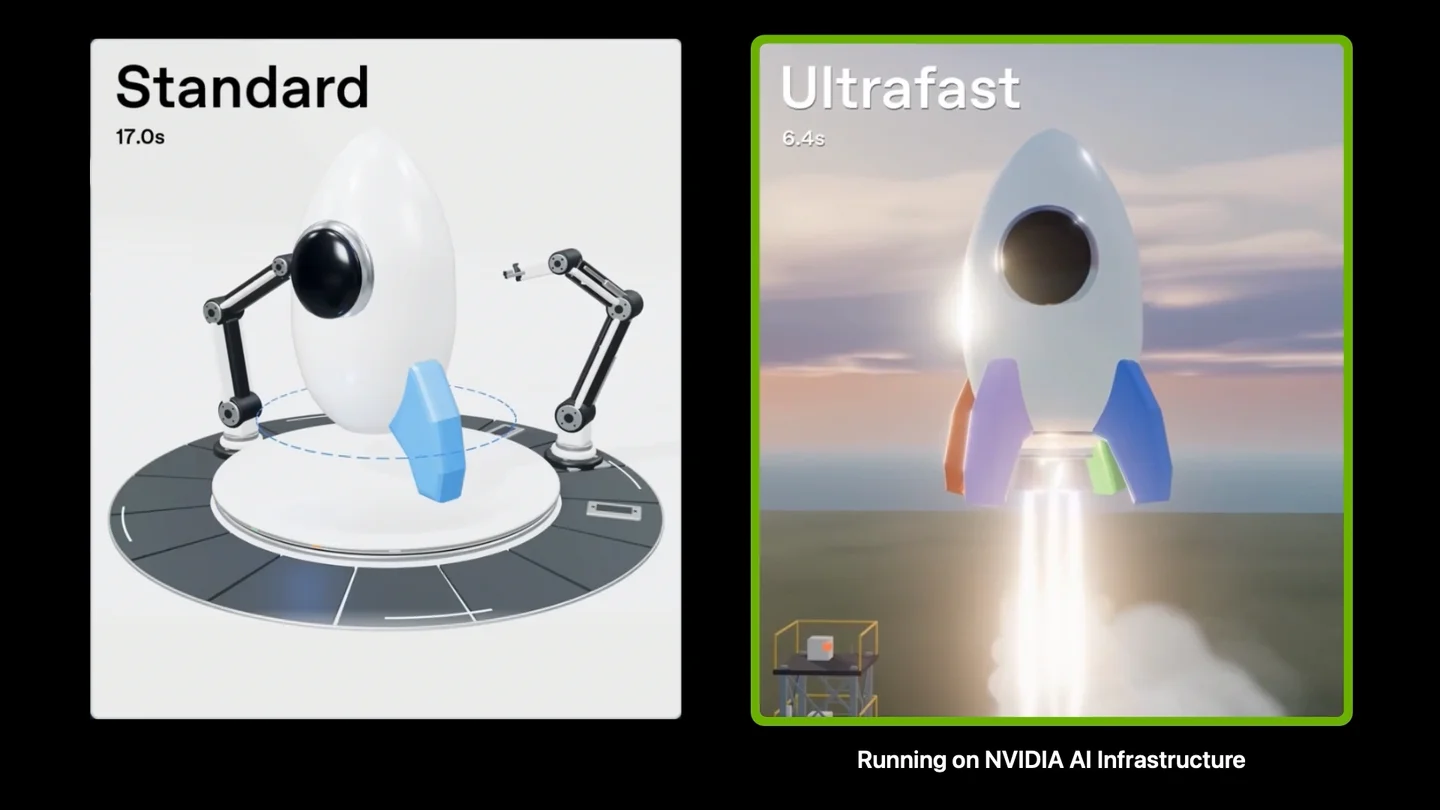 NVIDIA promotional illustration comparing Standard and Ultrafast modes with a rocket scene