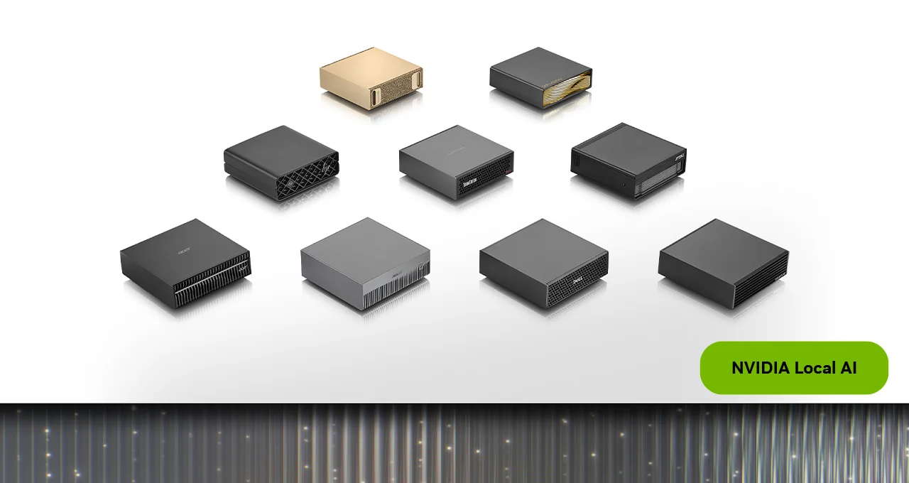 NVIDIA announcement artwork showing DGX Spark and partner compact local AI systems