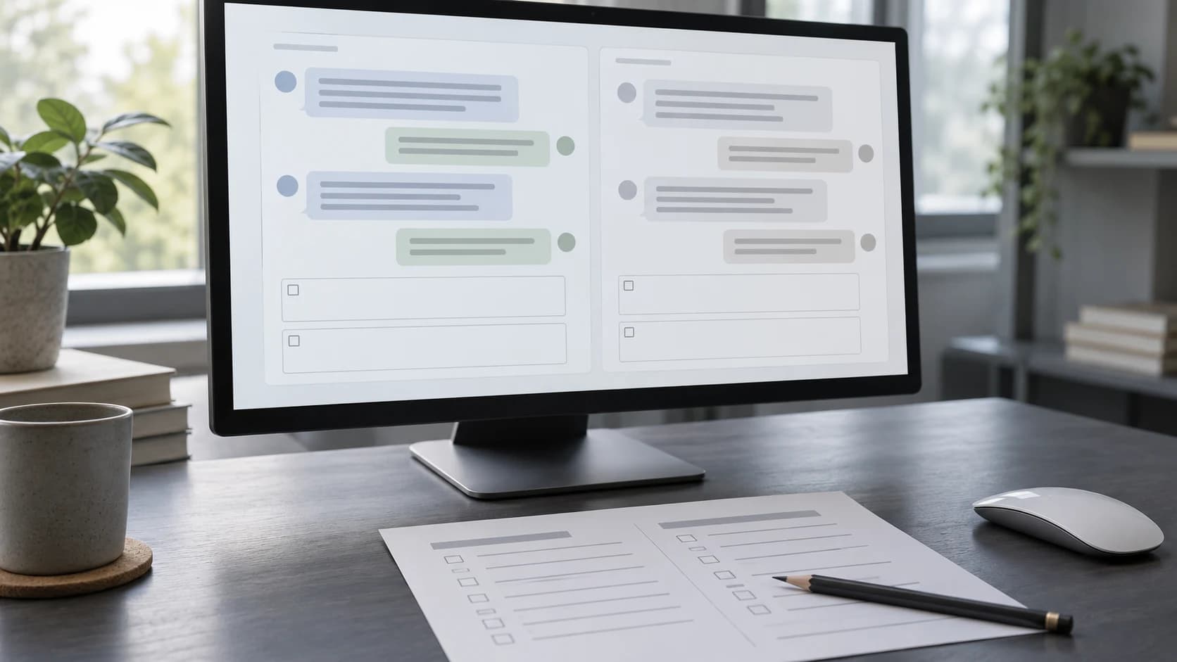 Monitor showing two schematic conversations beside a blank review sheet, without scores or patient data