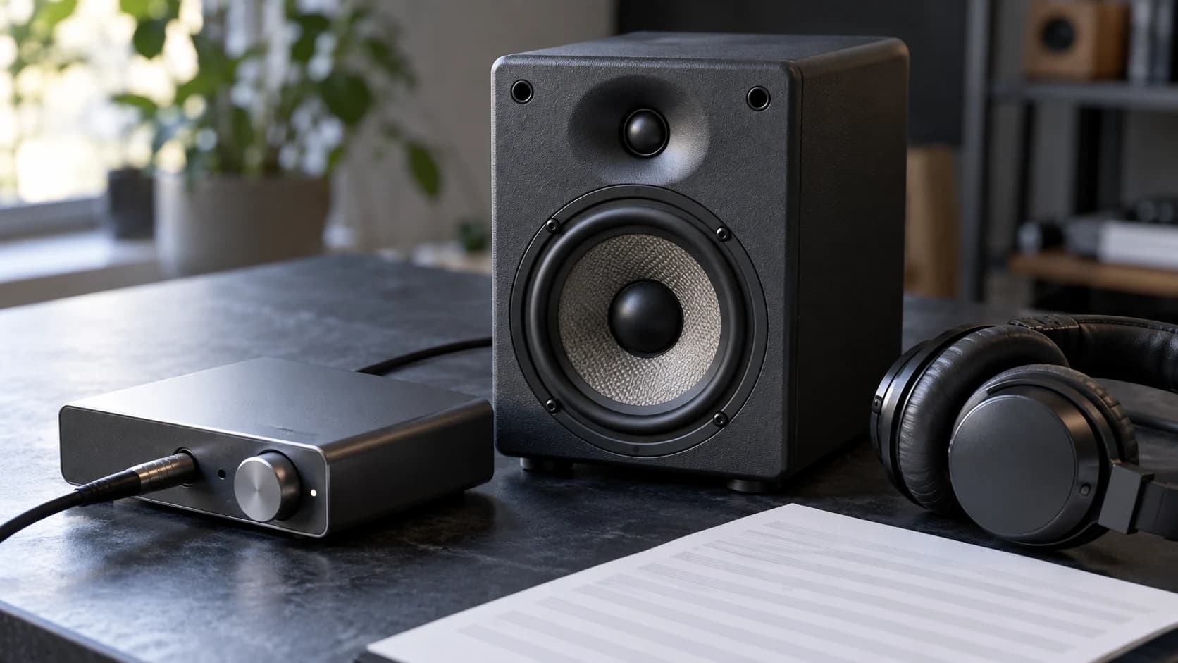 Unbranded speaker, compact audio interface and headphones beside a sheet of schematic text