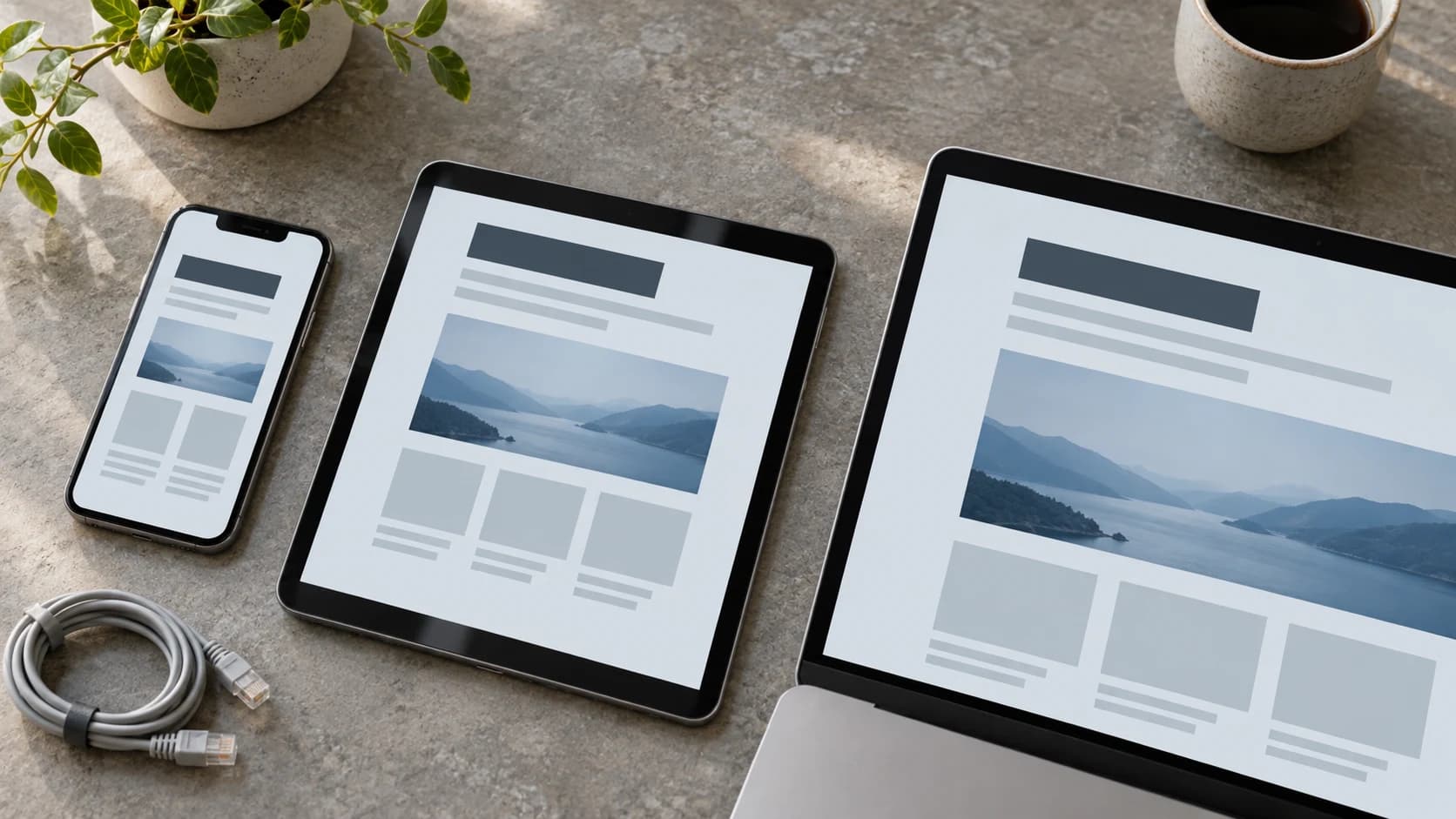 Phone, tablet and laptop displaying conceptual versions of the same responsive web page